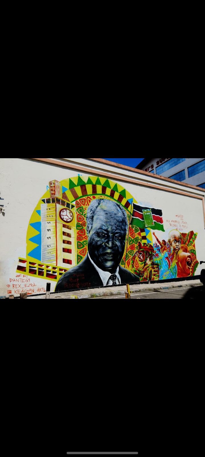 Public mural in Nairobi honouring former President Mwai Kibaki with the KICC and Kenyan flag
