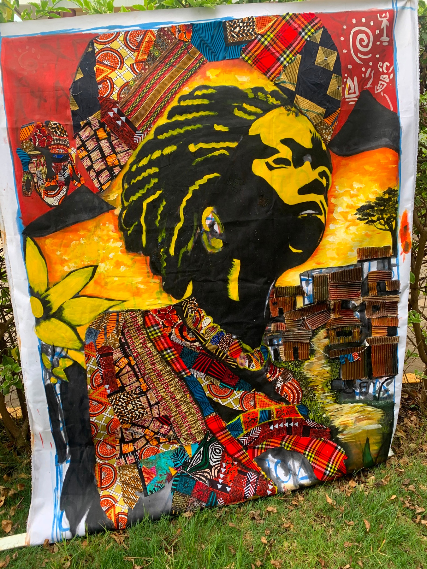 Fabric-collage portrait blending Ankara prints, informal settlements and Nairobi light